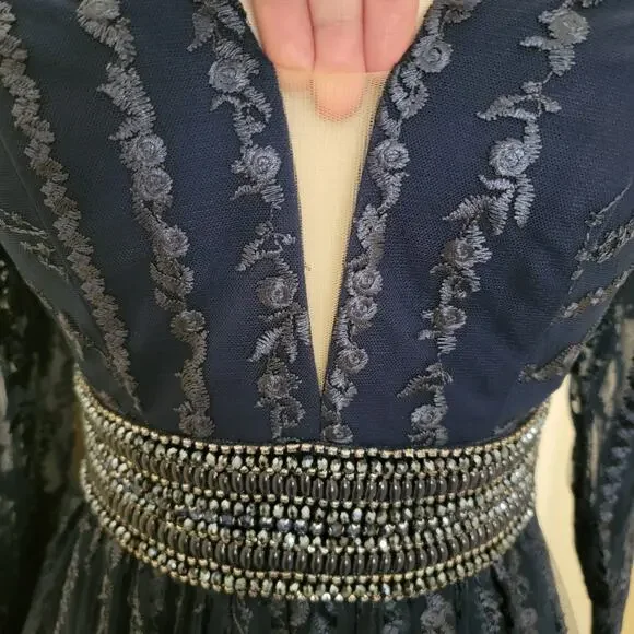 Mac Duggal 66591 Navy Blue 2 Long Sleeve Formal Embroidered Maxi Gown Dress - Picture 7 of 15